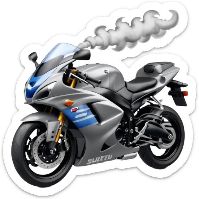the word 'Sakqu' formed from wisps of smoke, floating above a realistic Suzuki GSXR 1000 motorcycle, emoji style sticker