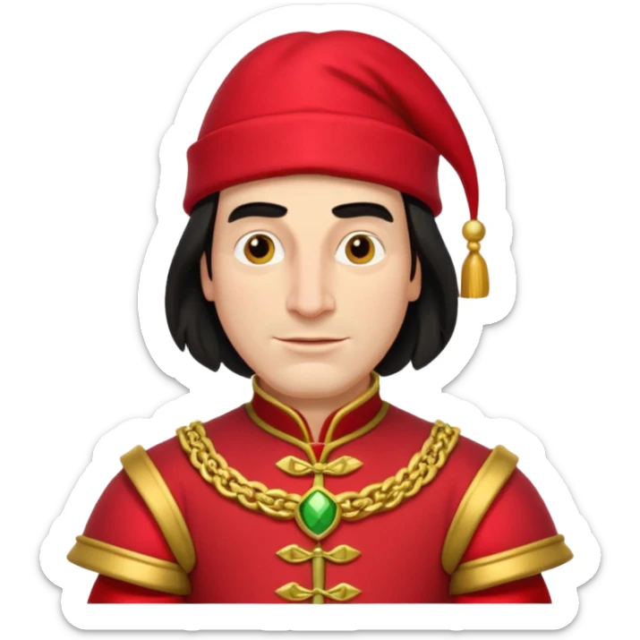lord farquad avec un chapeau rouge plat sur le dessus, il a un vetement rouge avec des manches bouffantes rouge et dorée sticker