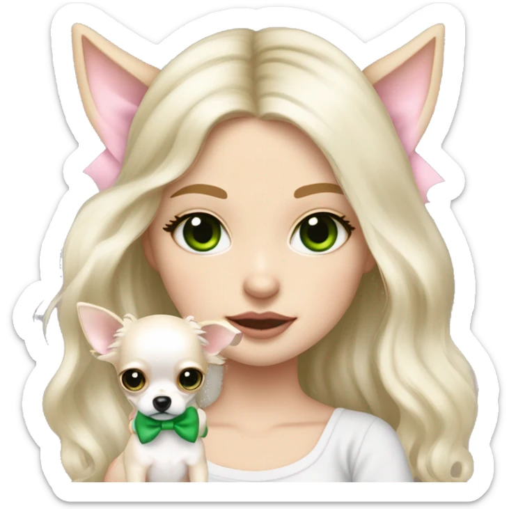 pale blonde girl with long platinum white wavy hair with bright green eyes and wearing a light pink hair bow holding a black and white long haired chihuahua puppy also wearing a hair bow sticker