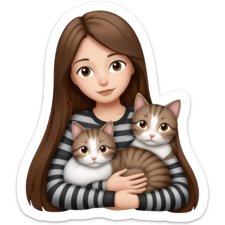 pretty girl with long brown hair snuggling 3 cats: grey and white, brown striped and black and white sticker