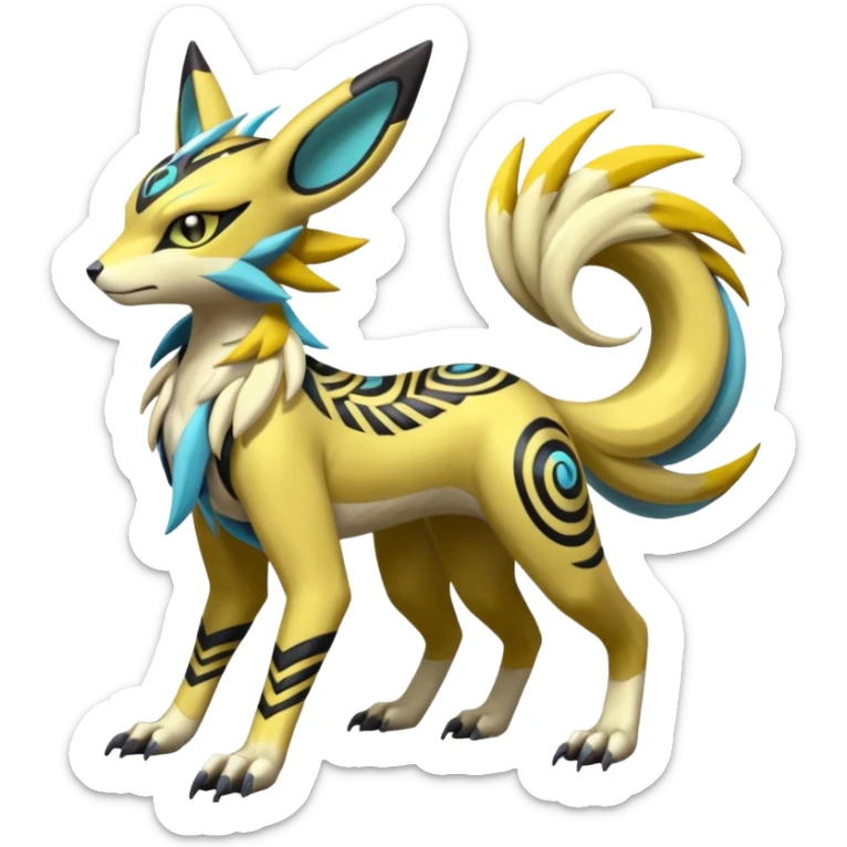 Tribal Exotic Meloetta-Zeraora-Renamon-Protogen-Palkia-hybrid-fusion-Fakémon-creature, full body sticker