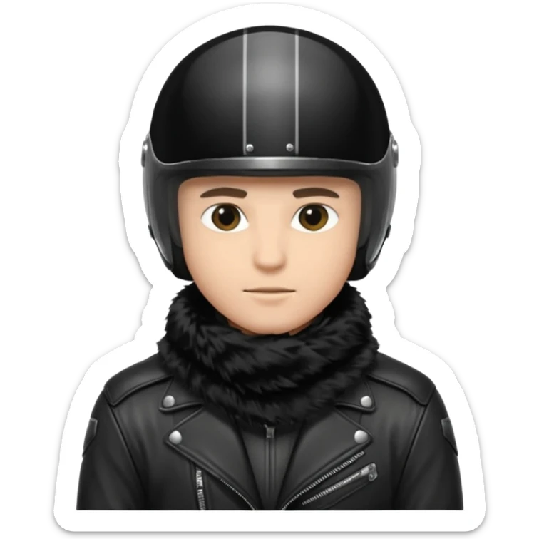 un homme avec un casque de moto totalement noir avec une écharpe en fourrure noir une chemise blanche et une jacket noir sticker