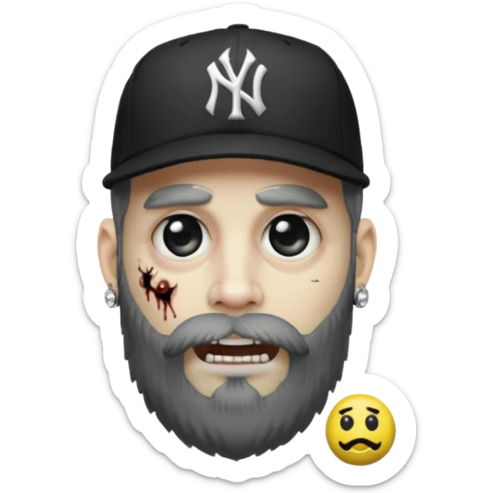 Hazme un zombie con barba en la barbilla el emoji que esté en blanco y negro osea la foto que tenga aretes pequeños una gorra volteada de los new York yankee y una cadena de diamantes que diga W sin barba sticker