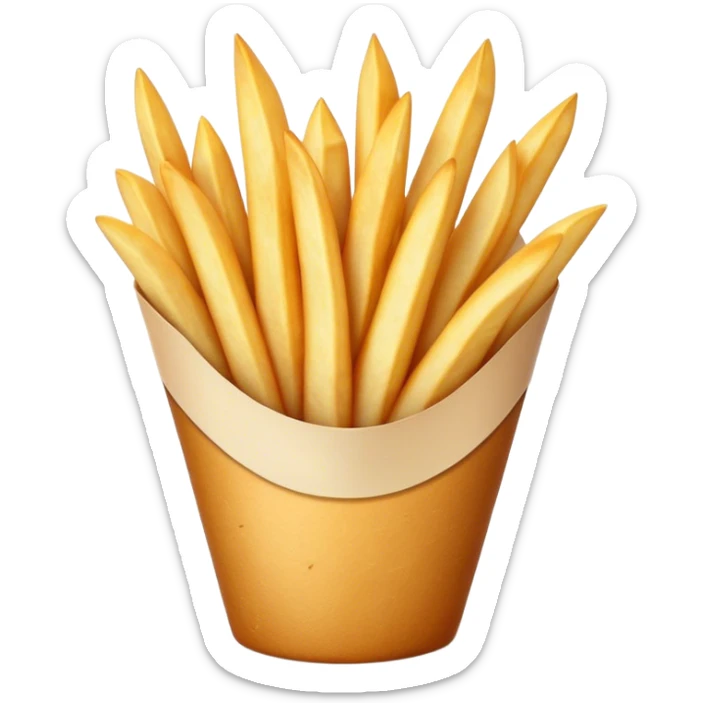 Cinematic Realistic Belgian Fries Dish Emoji, showcasing thick, crispy fries served in a paper cone rendered with detailed textures and golden, appetizing lighting. sticker