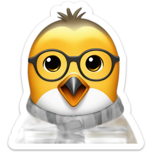yellow penguin with black glasses dirtyblonde hair with orange tshirt and gray striped scarf sticker