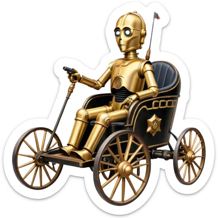 Old American West tarnished C-3PO policeman in 1864 delicately ornate rosegold accents painted buggy powered by electric motors and batteries with safety features and belts  sticker