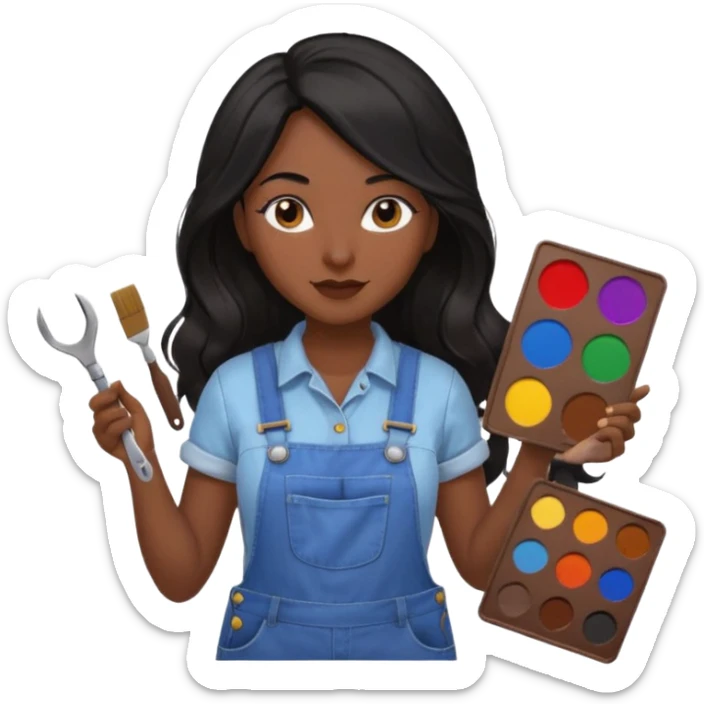 Créame emoji de una mujer que sea diseñadora industrial, pelo negra, piel morena, femenina con overol y una paleta de colores o herramientas de taller piel oscura chocolate cabello largo  sticker
