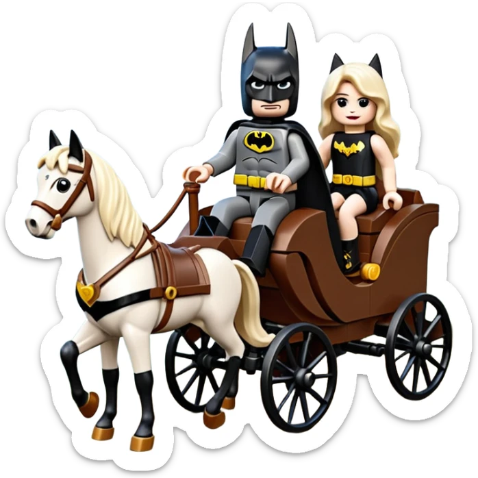  Ultra cute  Lego detailed 1854 Batman and pretty Catgirl driving a horse drawn family-size Caravan alone together on a romantic trail in the woods  sticker
