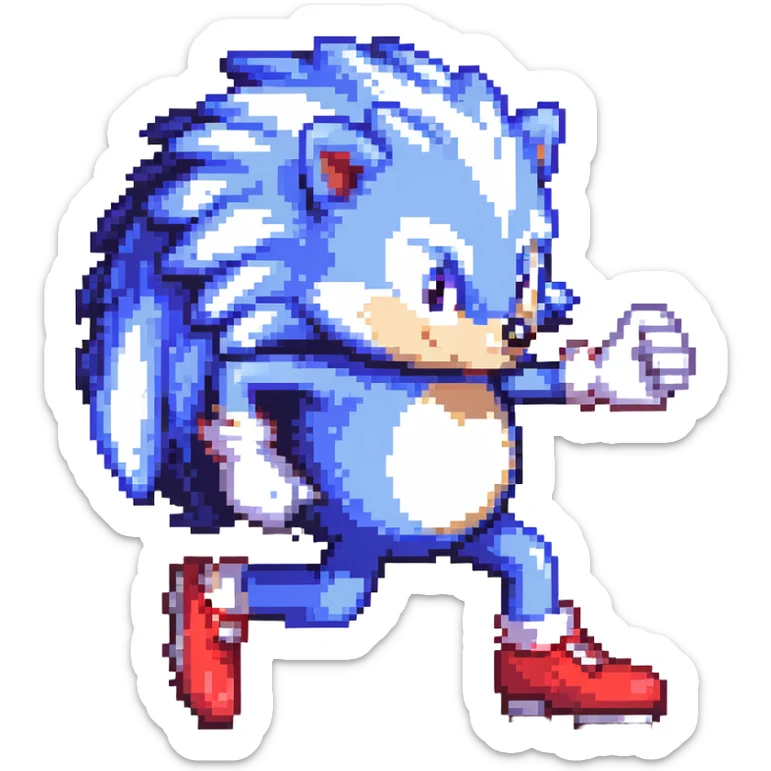 blue hedgehog with red shoes and white gloves, mid-run in a colorful Green Hill Zone with golden rings and motion lines, confident expression sticker