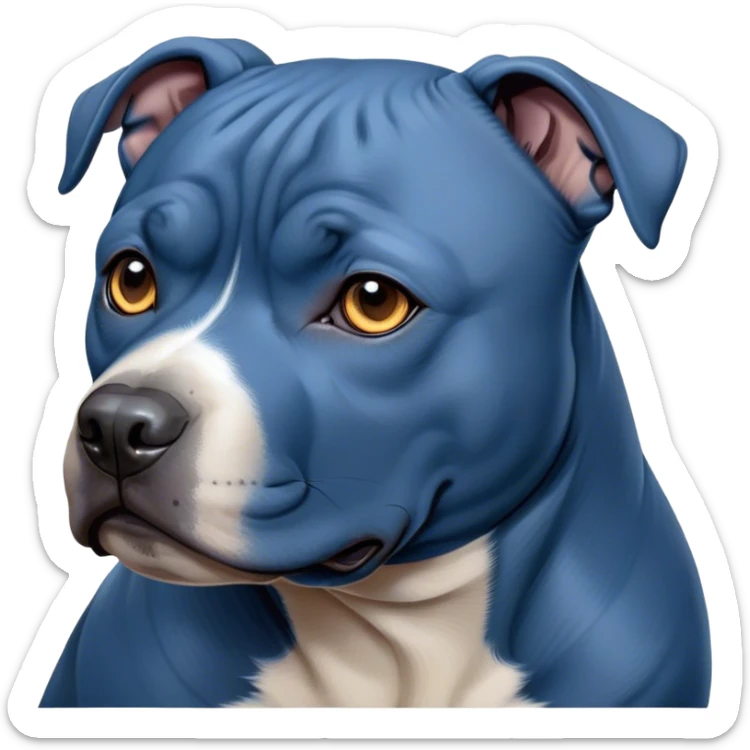 Cinematic Noble Blue Staffordshire Bull Terrier Portrait Emoji, Poised and regal, with a compact, muscular build and a sleek, well-groomed blue Fur, deep-set soulful dark eyes, Simplified yet sharp and sophisticated features, highly detailed, glowing with a soft, dignified glow, high shine, intelligent and loyal, stylized with an air of strength, focused and attentive, soft glowing outline, capturing the essence of a watchful and confident guardian, so majestic it feels as though it could stride out of the screen with effortless authority! sticker