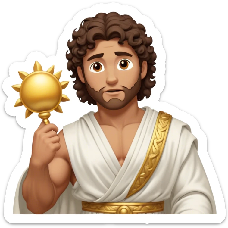 Cinematic Realistic Hercules Portrait, depicted as a classical Greek hero inspired by the Disney version yet echoing the refined proportions and serene dignity of Michelangelo's David. His idealized, sun-kissed tan skin glows with timeless strength, and his thick, curly wavy dark brownhair falls in natural, sculpted curls. Draped in a flowing white robe with delicate golden accents, his expressive eyes radiate determined nobility, all rendered under dynamic natural lighting with a mythic, radiant glow. sticker