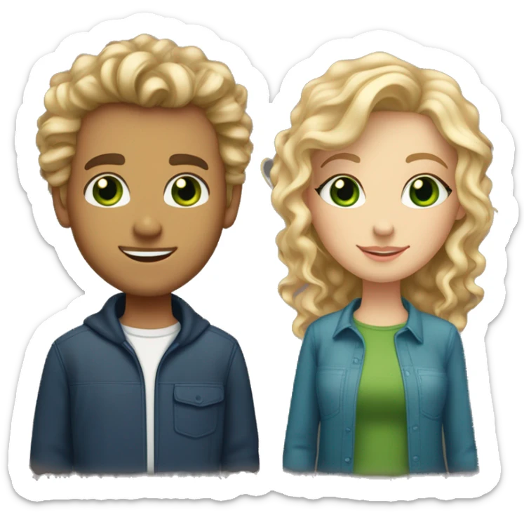 dating couple, boyfriend with dirty blonde curly hair and blue eyes, girlfriend with straight blonde hair and green eyes sticker
