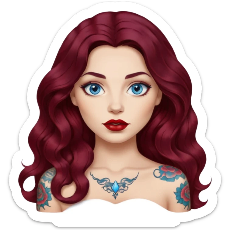  Female long wavy dark burgundy hair, blue eyes, large red lips, tattooed, artist sticker