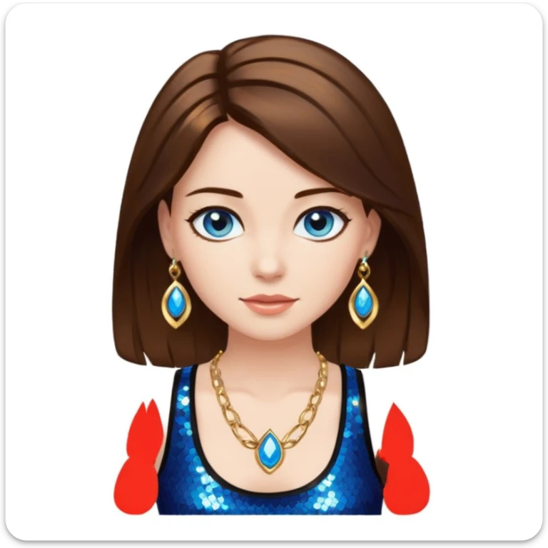 A woman with smooth brown hair with white skin and blue eyes, she has a black sequined tank top and golden jewelry sticker