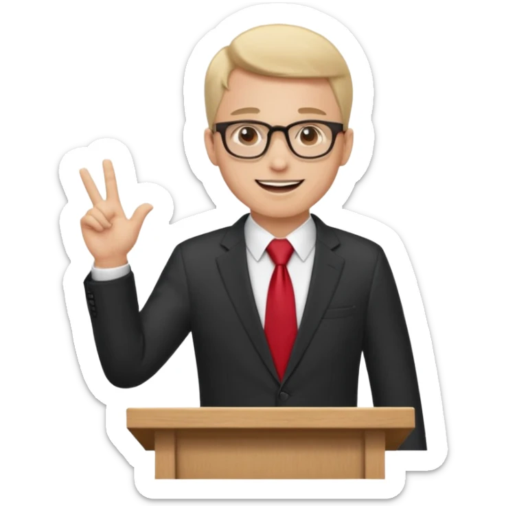 A professional clean-shaven man in a dark business suit and red tie standing behind a wooden podium, speaking confidently. A small microphone is placed on the podium. The man has glasses, a friendly smile, and open hand gestures. Soft studio lighting, neutral dark background, realistic emoji style. sticker