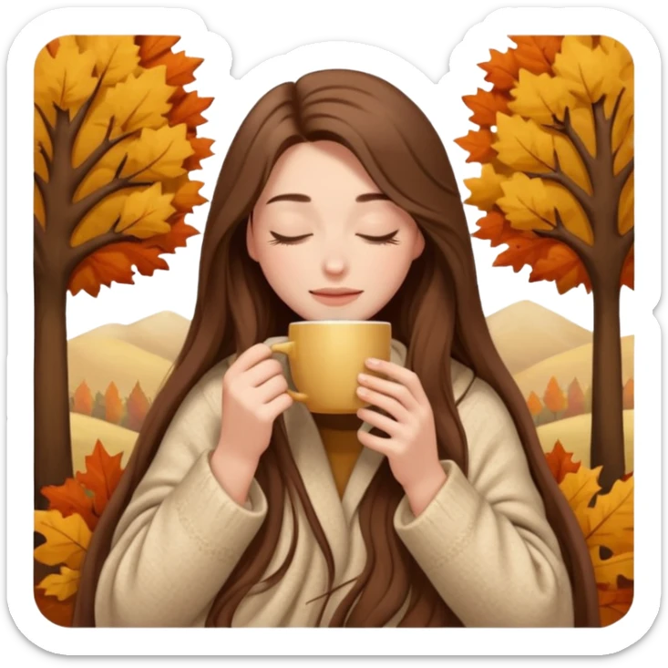 long brown hair woman closed eyes hiding under a cozy wool beige blanket, holding cup of coffee, autumn mood sticker