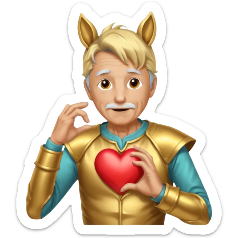 An elderly man with golden skin, his body shining like polished metal, wearing a horse cosplay costume with horse ears and a tail. He is making a heart shape with his hands and blushing slightly, showing a shy and embarrassed expression. sticker