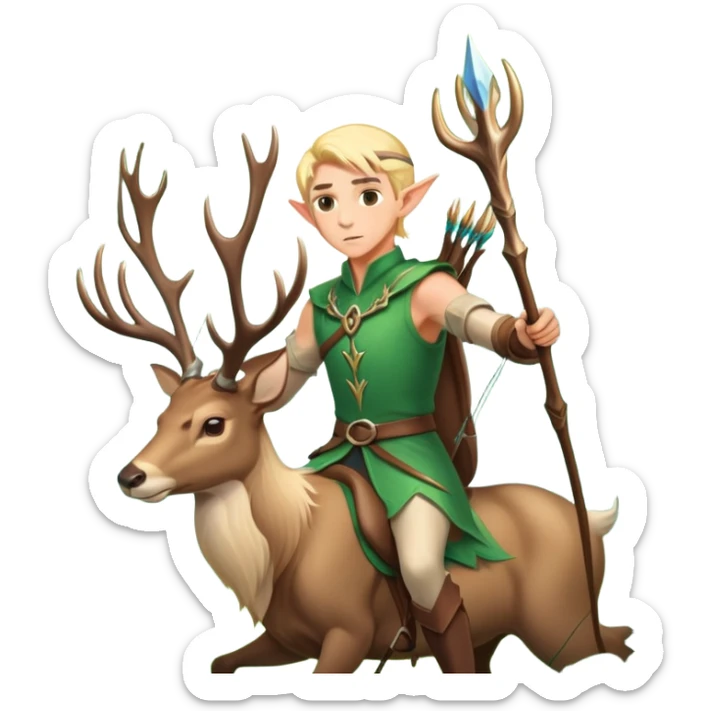 clash-of-clans-aesthetic-blond-male elf-archer-portrait-emoji, rendered in a flat, vector-style with minimal shading and bold, simplified shapes, head tilted slightly forward with a determined, focused expression, riding a majestic stag whose luminous antlers glow with mystical energy, set against an ancient, enchanted forest backdrop. sticker