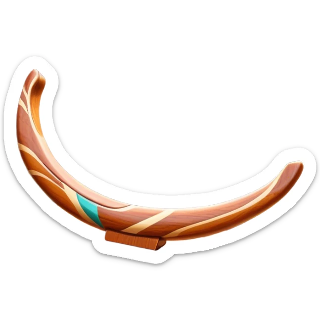 Cinematic Realistic image of a classic boomerang, rendered with detailed wood grain textures and vibrant colors, set against a sunlit outback landscape that emphasizes its iconic Australian heritage sticker