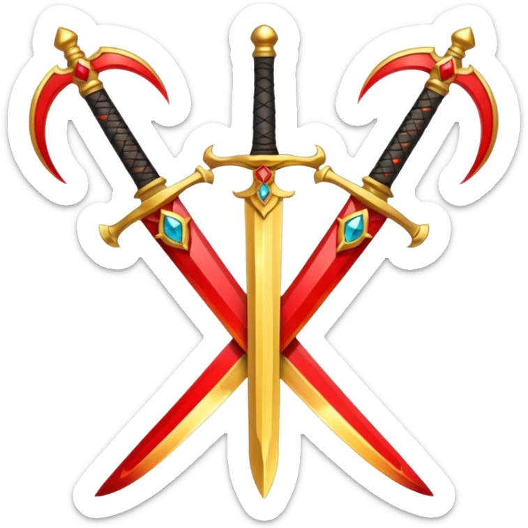 Two crossed swords that are golden in blade and handle and have fiery and royal appearence to them as well as red gem stones yellow in color sticker