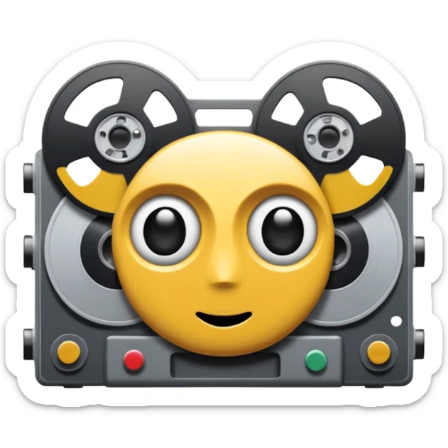 Minimalist emoji-style sticker of a VHS tape where the reels look like eyes, staring out. Black, white, and gray tones only.
 sticker