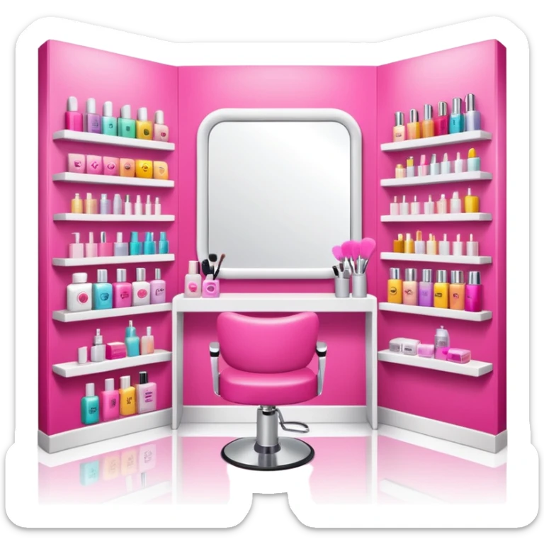 big beauty salon showcase with well-organized brand-labeled beauty products on a white shelves, emoji style, with a nearby hairstylist chair in pink color and a big mirror, more details sticker