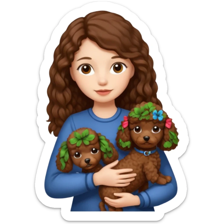 dziewczyna, długie brązowe włosy z małym brązowym pudlem na ręce sticker