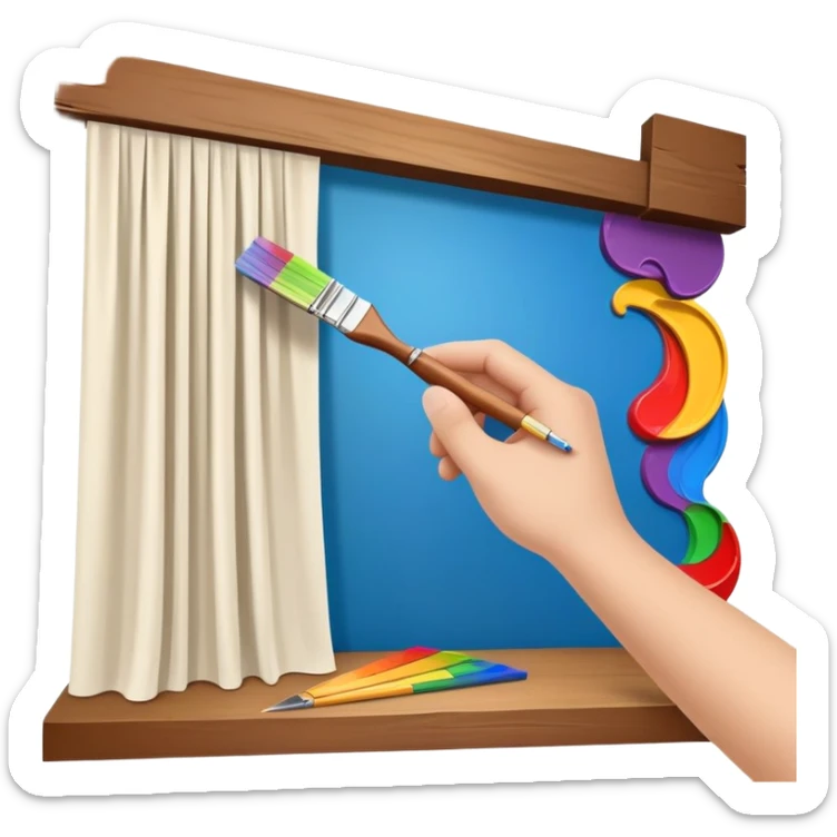 Hand holding a paintbrush over a 3D room model, with a wooden beam, theater curtain, ruler, and color palette swirling in a creative orbit sticker