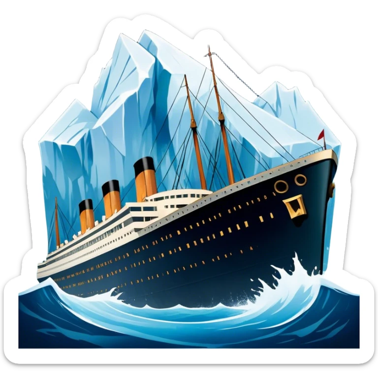 Icon for Titanic Movie: A vintage movie poster-style design featuring a dramatic scene of the ship, the iceberg, and a romantic silhouette of the main couple. Include elements like the ship’s bow, water splashes, and a starry sky in the background. Retro cinematic feel. Transparent background. sticker