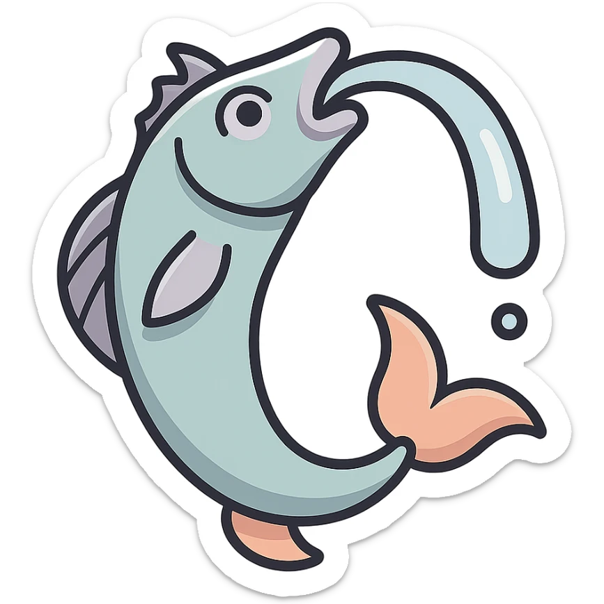 elongated fountain in the shape of a curved fish with a water stream flowing from its mouth, eastern style, detailed drawing with shadows and highlights, thin clean contours, soft rounded shapes, pastel palette #98B5BC, #B5B3C1, #C9A3C9, #E4C0CA, #F7DCD1, #F7C0AA, modern Japanese pop art and sticker aesthetics, soft lighting, transparent background, no stand sticker