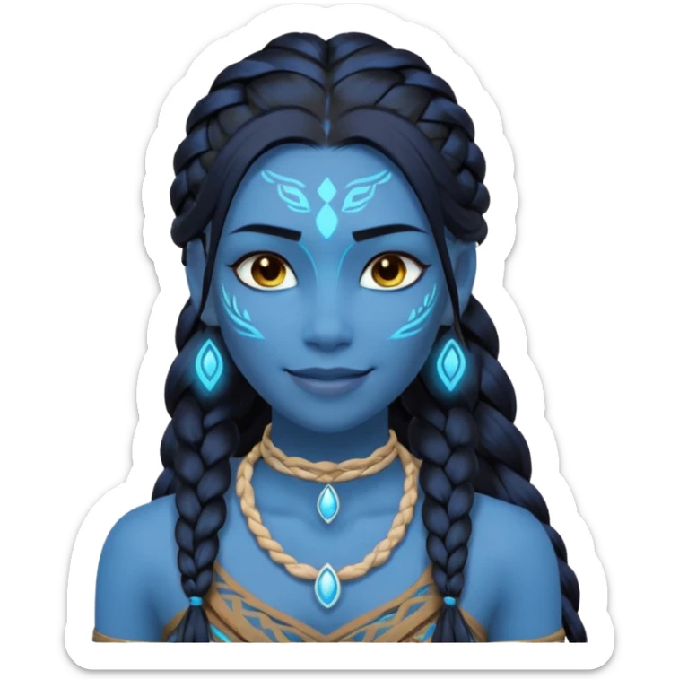avatar-style Na’vi female portrait, head and shoulders only, blue skin, glowing bioluminescent markings, long braided hair, subtle tribal jewelry, confident smile, 3D cartoon, mobile game icon style, clean background, no text, no watermark
 sticker