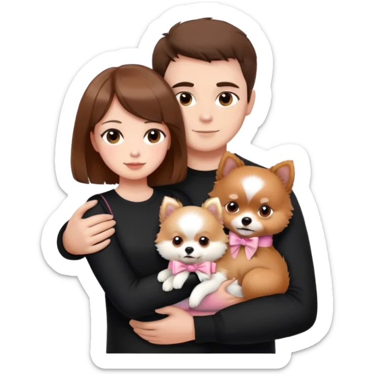 shorthair girl with black shirt  with husband brown hair brown eyes hugging white Pomeranian with light pink bow ponerania another pomerania red brown sticker