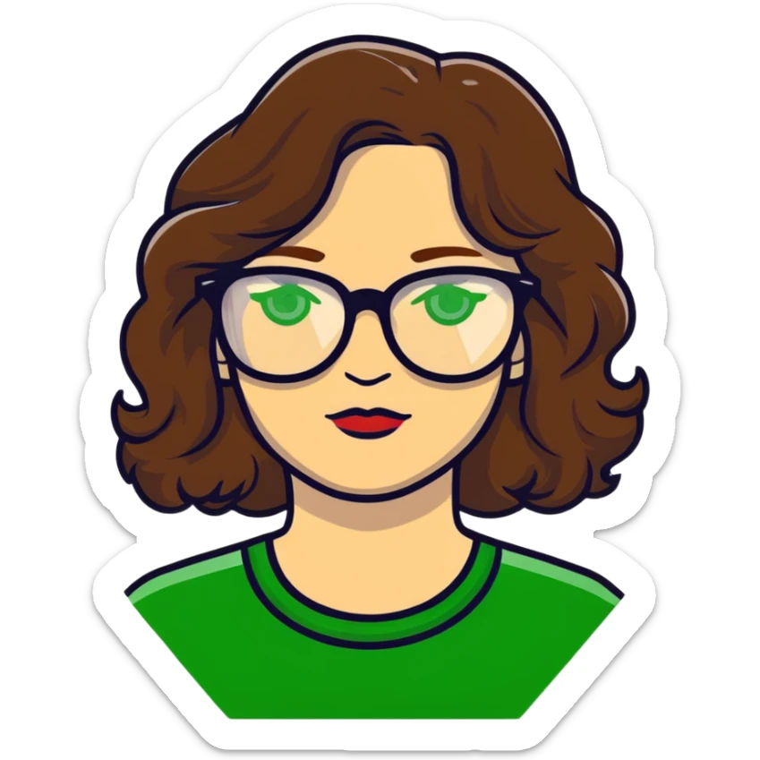 woman with pale skin, brown wavy hair, green eyes, gold glasses sticker