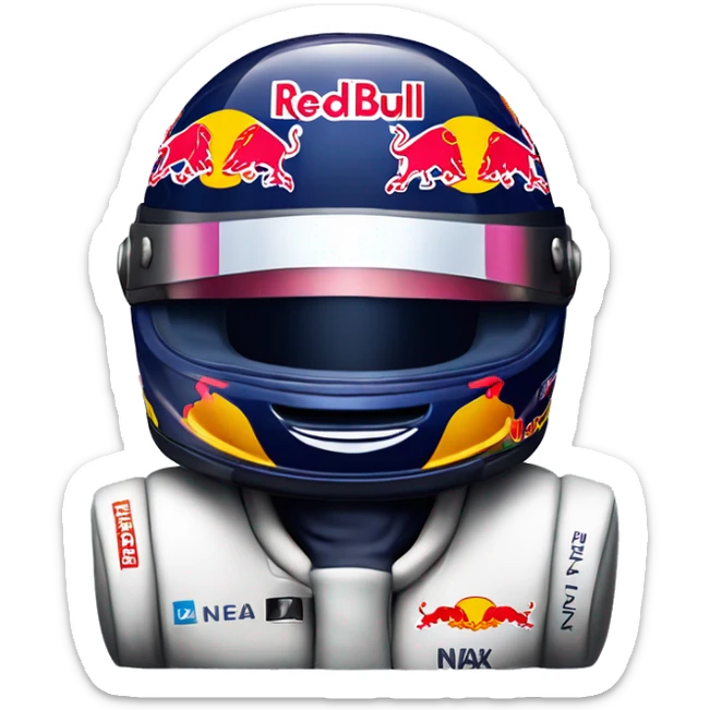 Tiny formula 1 Red Bull race car with Huge Nax Verstappen helmet sticking out of the cockpit sticker