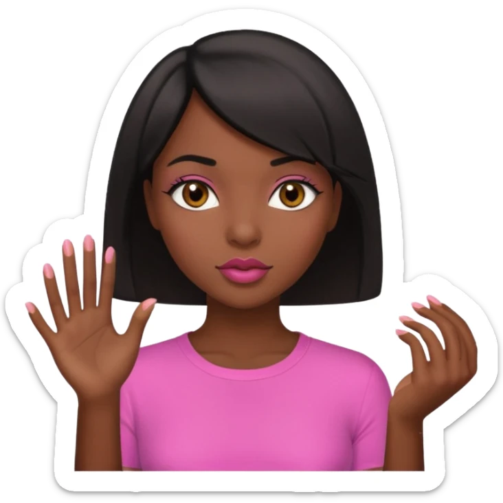 Dark skin girl asking for money with hand out make her more fabulous but still a clean look with a black bob and pink shirt  brown eye  with the kiss lips  sticker