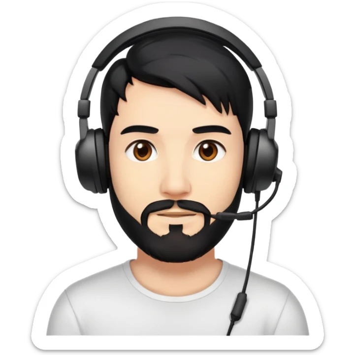 A person with black hair, brown eyes, a black beard, wearing a gaming headset sticker
