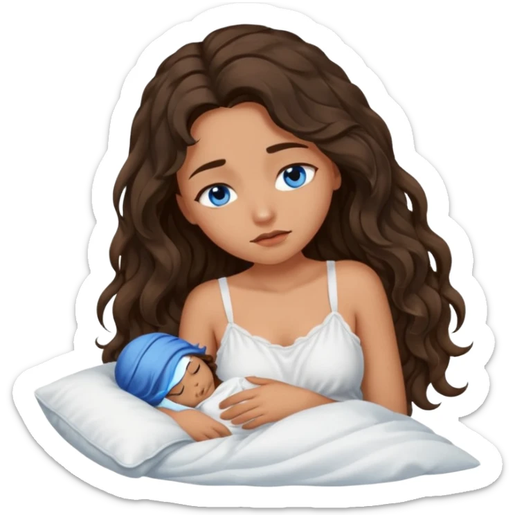 Girl with olive skin, blue eyes, brown dark insanely wavy long hair, white camisole asleep  sticker