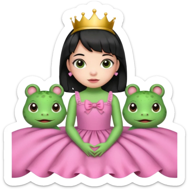 princess frog on bed pink bow with a pink dress cute girly pop black hair short baby bangs sticker