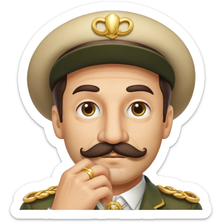 italian man Luigi Mangione with mustache wearing a large gold wedding band sticker