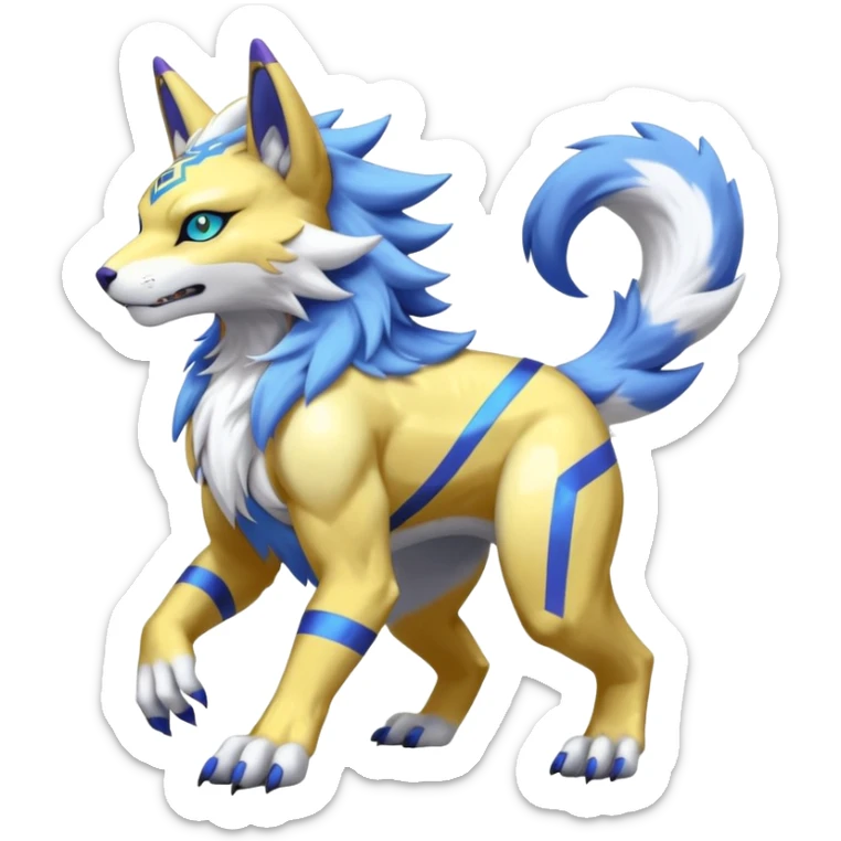 Shiny colorful cool legendary furry WereGarurumon-Renamon-Primagen-fusion-hybrid-fursona-protogen-creature (full body sticker