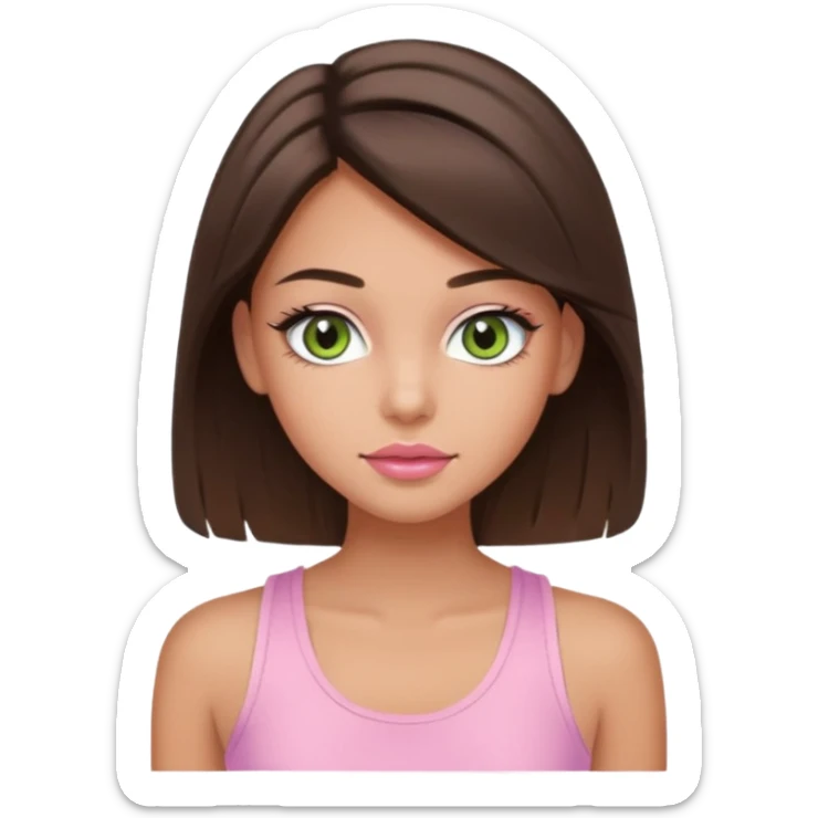 Create a teen girl wearing a light pink tank top. She will have brunette hair, tan skin, pink lips, and grey-green eyes. She has long eyelashes. sticker
