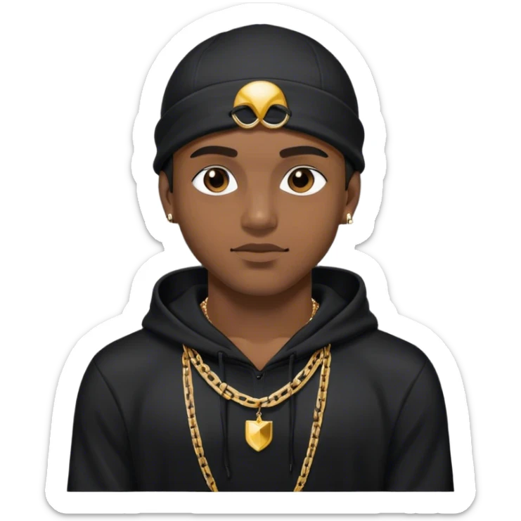 Brown skin man wearing a black swim cap wearing a gold chain and black hoodie sticker