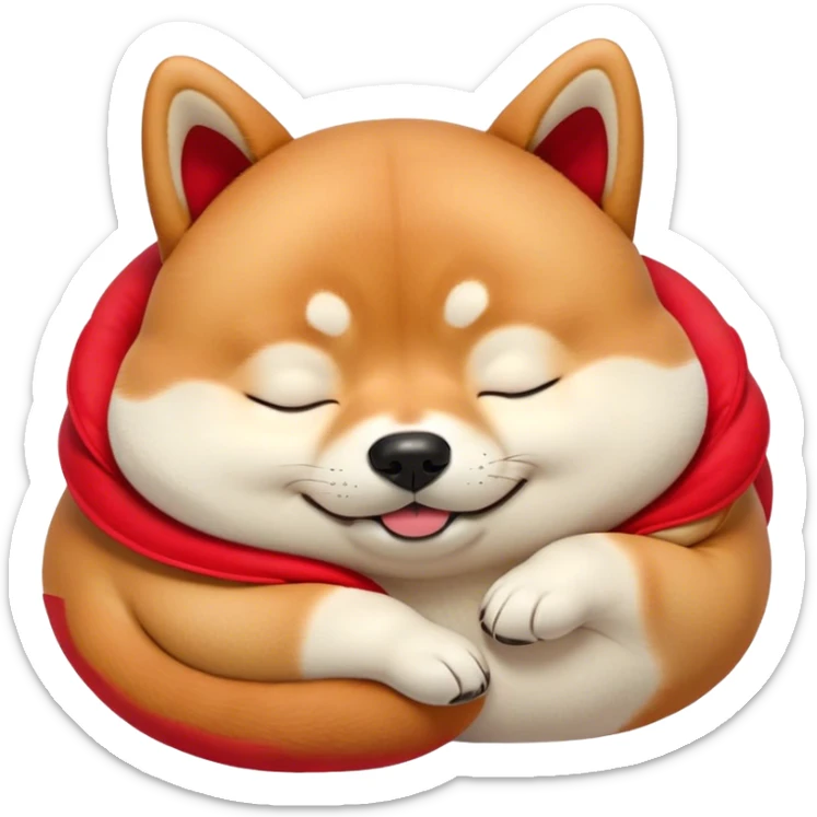 Cinematic Meme-Worthy Chubby Sleeping Shiba Inu Portrait Emoji, Head resting peacefully with a contented smile, featuring a delightfully chubby build and a luxuriously soft red fur with a creamy underbelly, eyes shut in a serene nap, Simplified yet hilariously adorable features, highly detailed, glowing with a soft, drowsy light, high shine, relaxed and utterly lovable, stylized with an air of playful laziness, bright and endearing, soft glowing outline, capturing the essence of a comically sleepy companion, so meme-worthy it feels like it could instantly become the next viral sensation of adorable slumber! sticker
