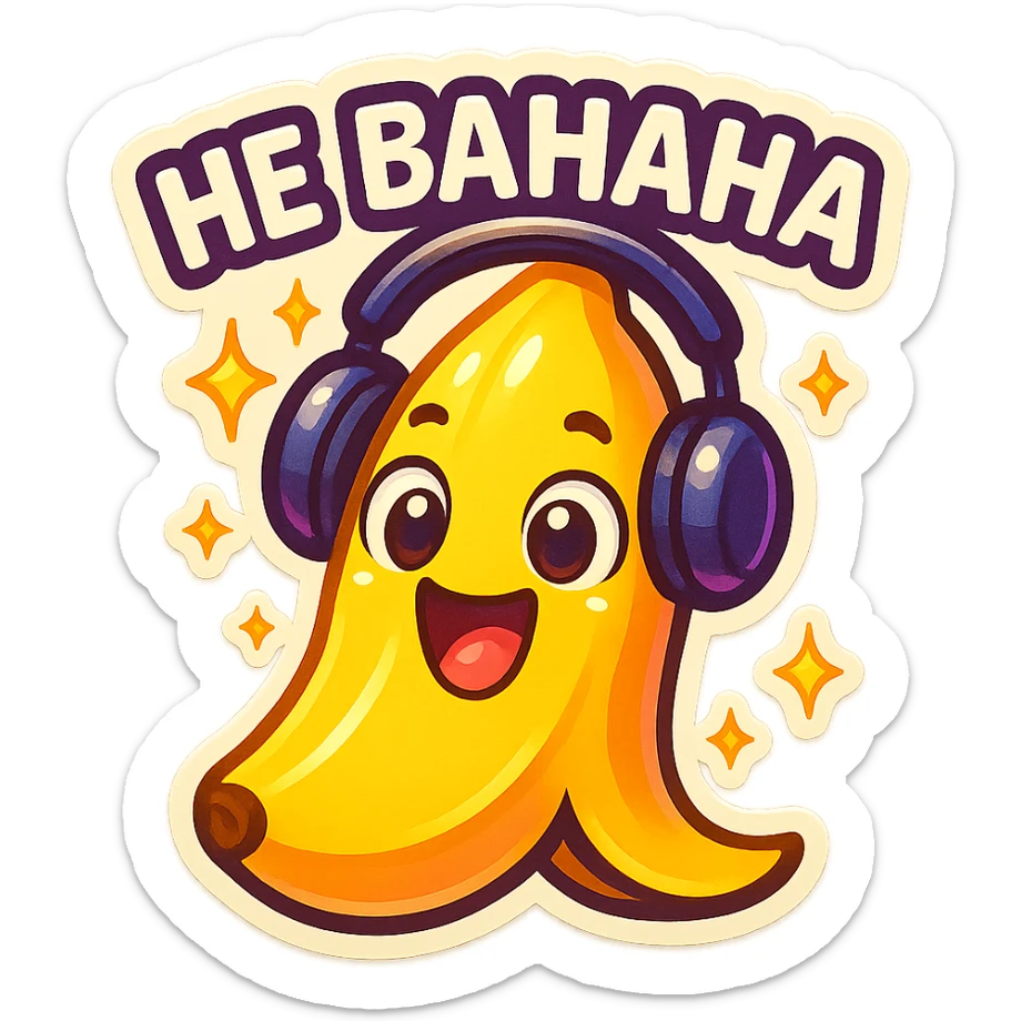Funny cartoon banana, big happy smiling face, wearing tiny headphones, wide excited eyes, tiny sparkles around, text above: "НЕ БАНАНА ", chibi style, Twitch emoji style, colorful, transparent background sticker
