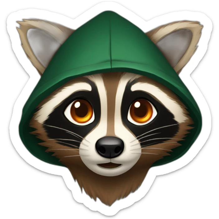 brown raccoon with orange eyes and a dark green hood that is crying sticker