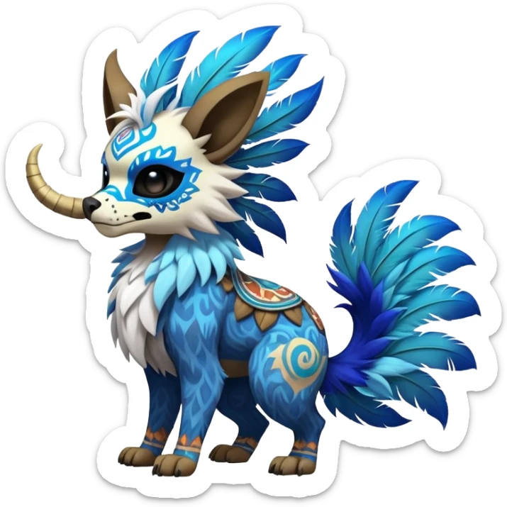 Furry cute colorful exotic tribal feral anime-styled Fakémon-Pokémon-animal-creature with a skull mask, and a feather-mane-collar, and blue feathers, with long furry ears, long furry tail, 4 legs, (full body), with intricate pattern-markings sticker