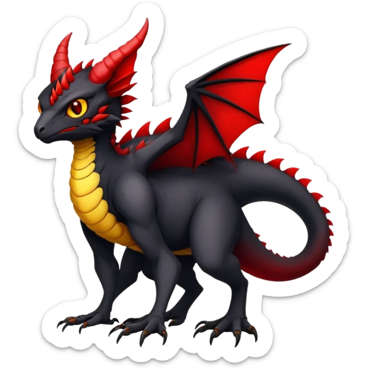 a black exotic edgy vernid-fionbri-Fakémon-creature, with red belly and yellow eyes, full body sticker