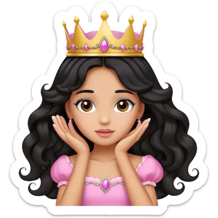 Very very very tanned skin princess, with long black wavy hair and crown and an pink princess outfit with a cute pose with hands on her face sticker