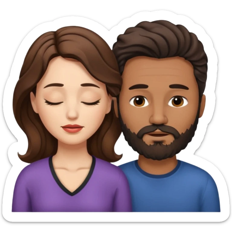 White woman (brown hair with eyes closed) and brown man with black wavy hair (has a a beard with his eyes closed too). The woman has her lips on the forehead of the man. sticker
