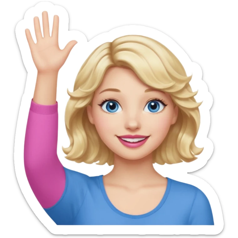 Girl Blonde short wavy hair,  blue eyes, cute blue top, long lashes, pink lips, smiling, hand in the air sticker